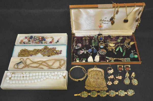 50 Plus Pc. Vintage Costume Jewelry Lot: Nice assortment with several pieces using agate and stone, some original boxes & 1 jewelry box. For Bigger and Better photos or information about consigning in our future events go to our website