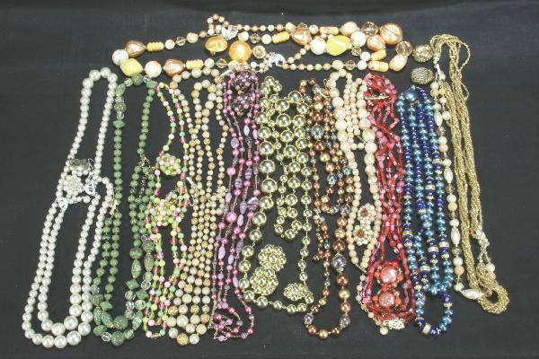 30 Pc. Vintage Costume Jewelry: Mostly necklace and earring sets, clean, two earrings need repair. For Bigger and Better photos or information about consigning in our future events go to our website