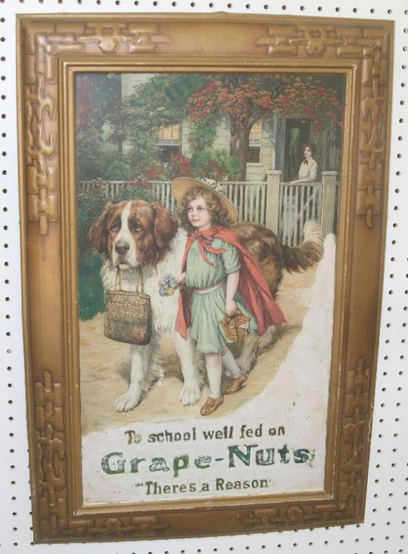 Early Tin Grape-Nuts Advertising Sign: Circa 1930s, 20 X 31" Self framed Tin lithography, fairly bright color, front shows some wear, some rust and stains on back, great image! For Bigger and Better photos or information about consigning i