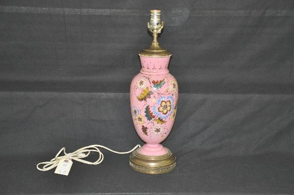 Hand Painted Bristol Glass Lamp: England, hand enameled & stenciled, 20" tall, brass base & top tarnished, electrically updated. For Bigger and Better photos or information about consigning in our future events go to our website