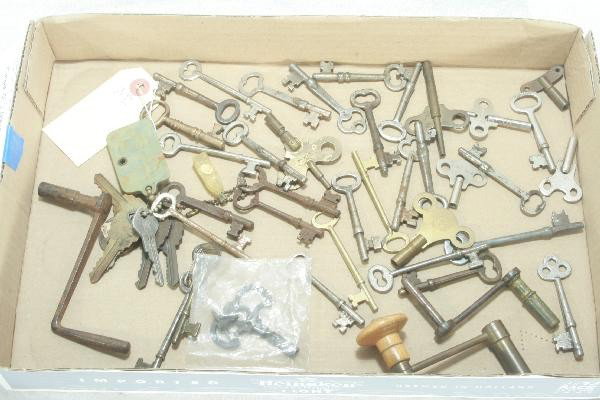40 Plus Cabinet & Clock Keys Lot: Assorted styles, 3 appear to be music box winders as well. For Bigger and Better photos or information about consigning in our future events go to our website