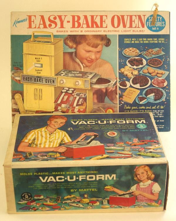 2 Boxed 1960s Toys: Kenner Easy Bake Oven, not complete, but more parts than usually seen! Including several original cake mixes, originla box with inserts & instructions. Mattel Vacuform Set, again, more complete than u