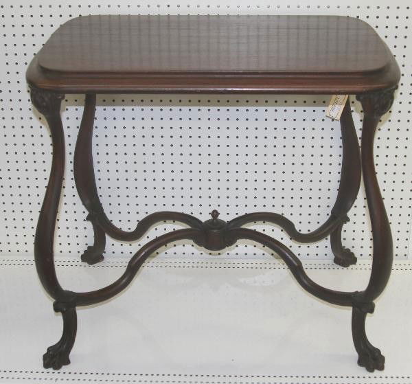 Art Nouveau Table: 40 x22 28". Delicately carved stretchers with paw feet. Seams a little loose, but clean. For Bigger and Better photos or information about consigning in our future events go to our website