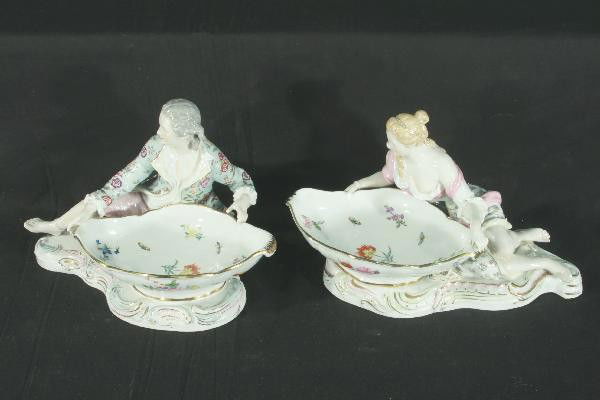 2 Mission Fruit Bowls: Herendhvngar style with butterfly motif, 11" wide each, male piece has reattached leg, otherwise no damage, bright and colorful, display nicely. For Bigger and Better photos or information about consi