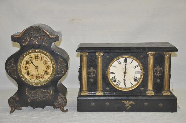 Early Waterbury Wood Case Clock: 14 3/4 X 5 1/2 X 10" Ebonized wooden case with brass fleur de lis & eagle ornamentation, lion side pulls, face shows wear, marked, Est. 1804, missing glass bezel. Case has some inner repair. Clocks, R