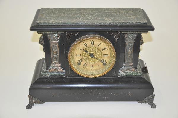 Victorian Seth Thomas Mantal Clock: 16 X 16 1/2 X 11", ebonized wood case with green marble panels & brass pillars, pulls & paw feet. Case is delicately etched. Includes weight & key. Clocks, Radios and other electrical devices are bein
