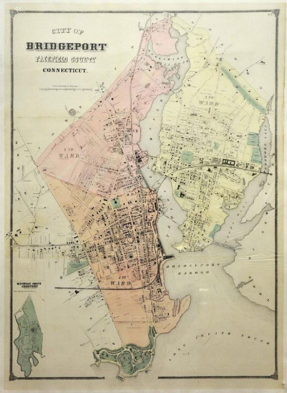 1867 Beers Map of Bridgeport, Connecticut: Engraving with Hand Color, 32 X 44" unframed, preservation mounted on library archival fabric, image includes prominent resident & business identification including PT Barnum & Nathaniel Wheeler, fold