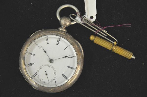 Western Watch Co. Pocket Watch with key: Serial Number-61505, Jewels-n/a, Size-16s, Case Number-573031, Case Brand- , Watch is working. For Bigger and Better photos or information about consigning in our future events go to our website