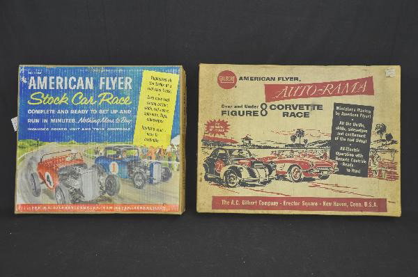 2 Boxed AC Gilbert Slot Car Sets: 19080 Figure 8 Corvette Race, cars appear complete, but white car needs some assembly, sticker sheets included & instructions, track & transformer. 19060 Stock Car Race, includes 2 cars, missing winds