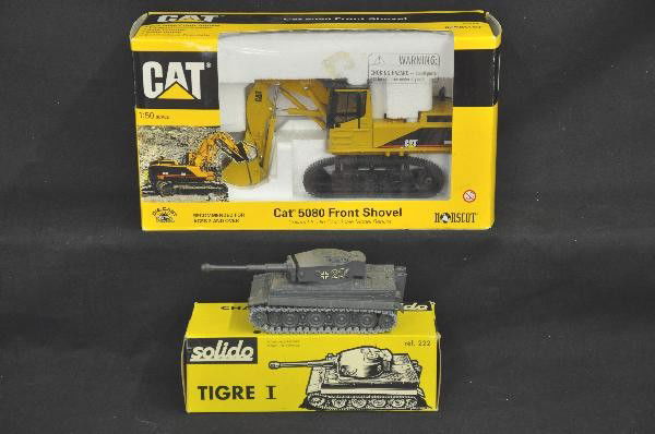 2 Like New Boxed Diecast Vehicles: 1960s Solido 222 CHAR Tigre I Tank, ob with insert. 1998 Norscot 5080 Cat Front Shovel. For Bigger and Better photos or information about consigning in our future events go to our website