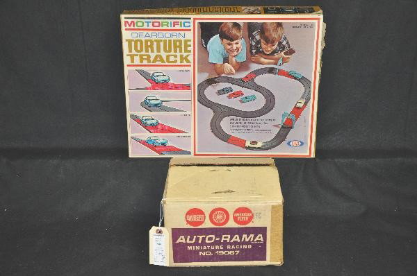 2 Boxed Slot Car Sets: A.C. Gilbert 19067 Auto-Rama set with two Indy cars, used & missing some trim pieces. Ideal Motorific Dearborn Torture Track, set has nice insert & instructions, but no vehicle, original boxes. For Bi