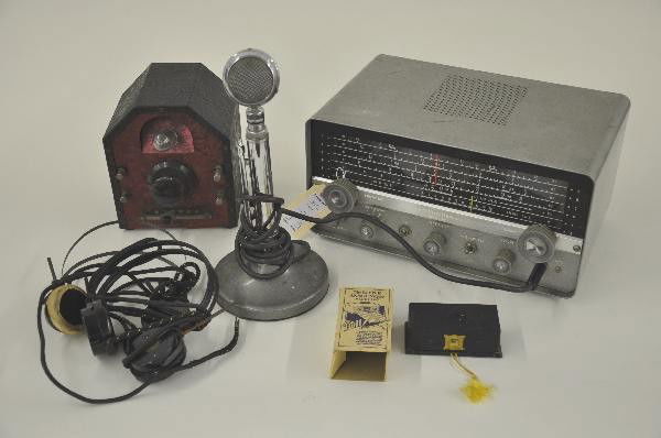 2 Early Short Wave Radios: Philmore Selective Crystal Receiving Set,6 X 5 X 7", includes headset, paper instructions underneath torn. Halicrafters model S-107, 13 X 8 X 7", includes microphone, headset & Announcer log premium w