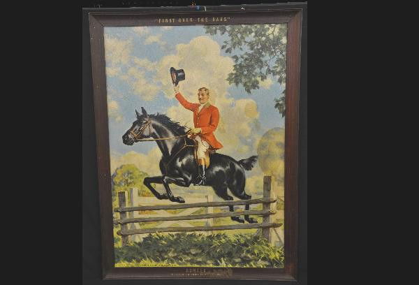 1941 Hunter Whiskey Advertising Sign: 29 X 39" framed, bright clear image, some stains and surface stain on frame. For Bigger and Better photos or information about consigning in our future events go to our website