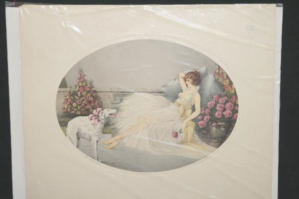 Art Nouveau Hand Color Etching: 22 X 18", Varga style woman reclining with rose & dog. Pencil signed at bottom, Le Repose/Courcelles. For Bigger and Better photos or information about consigning in our future events go to our websit