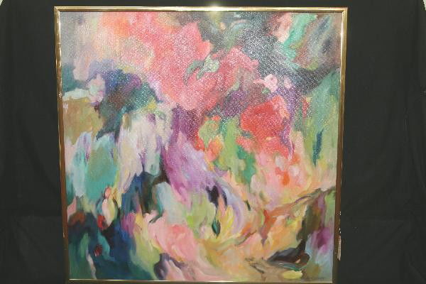 Dede Coover Abstract Oil Painting: Framed 36" X 36", Titled "Blithe Spring". Dede Coover has been a registered and award winning artist since the 1950s. Her list of accomplishments include judging over 30 art shows, received over a doz