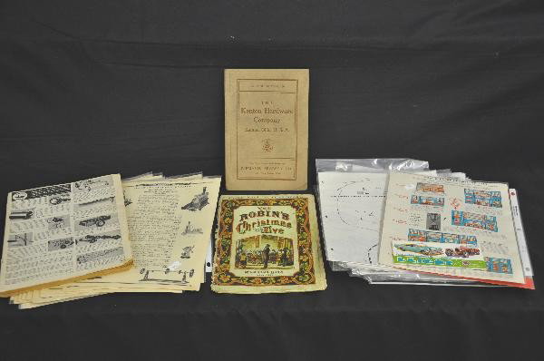 Group of Vintage Toy Paper & Catalogs: Kenton Hardware Catalog #16, circa 1900. Several clean catalog tear sheets of TootsieToys from 1930s catalog. A few later Tonka catalogs and many copies of Tonka information, Mc Loughlin Bronx Uncle N