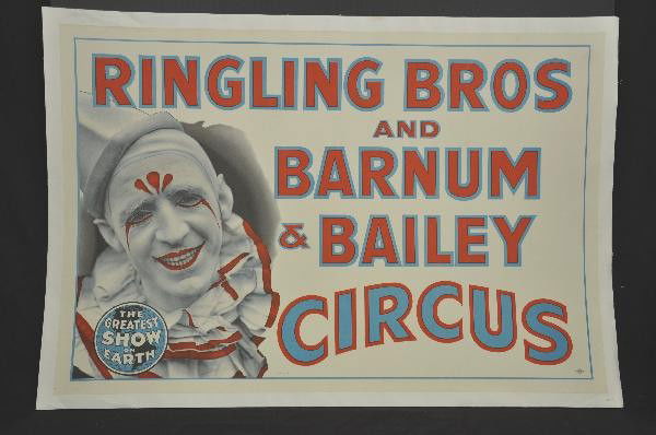 Vintage Ringling Bros. & Barnum & Bailey Circus Po: 44 X 30, Clown Motif, unframed, but mounted on conservatory archive linen, marked Amalgamated Lithography, OH. For Bigger and Better photos or information about consigning in our future events go to o
