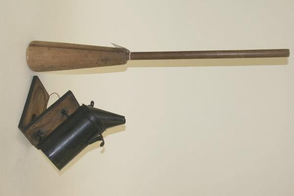 2 Pc. Antique Lot: 31" Butter Churn Plunger, Bee Smoker. For Bigger and Better photos or information about consigning in our future events go to our website