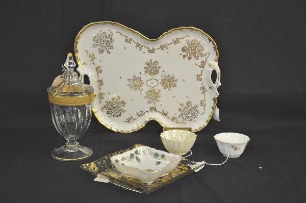 7 Pc. Glass & China Lot: 10" Depression glass covered Candy, 16" Ceramic gilded platter; Royal Grafton 3 1/2" bowl, 5" square Bavarian candy dish, 8" square gilded glass platter, al show some signs of use. For Bigger and Bett