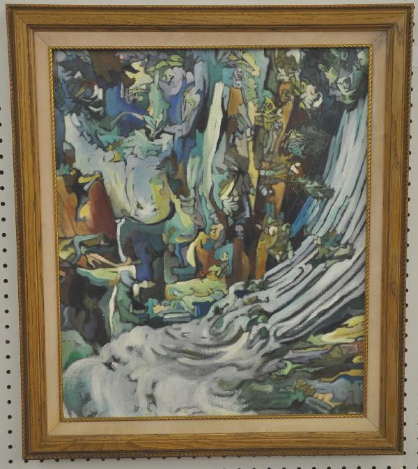 Dede Coover Abstract Oil Painting: Framed 27" X 29", Titled "Japanese Waterfall". Dede Coover has been a registered and award winning artist since the 1950s. Her list of accomplishments include judging over 30 art shows, received over