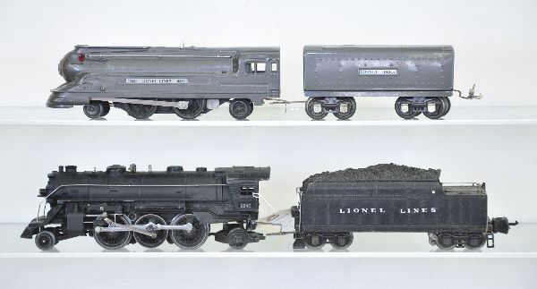 Lionel 1688 & 224E Steam Locomotives: 1688 Streamline loco; 1689T Tender, gunmetal, worn original boxes; 224E loco; 2224W Cast tender, partial restoration; 2689W tender; all show Moderate Playwear.