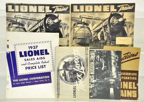 Scarce 6 pc. 1937 Lionel Pre War Paper Lot: Hudson Brochure; Instruction booklet; 2 Black & White Catalogs; Rare 1937 Price and store display catalog, all clean showing minor wear.