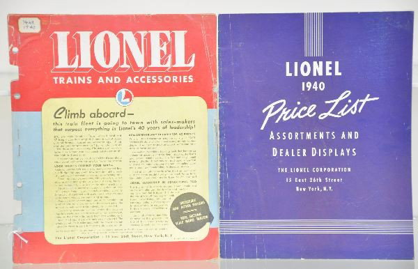 Scarce Lionel 1940 Dealer Price and Display Catalog: Blue cover catalog showing great store displays, color sheets are dealer insert sheeted for master catalog insertion, stapled together, all clean.