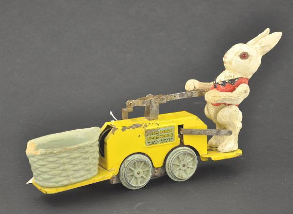 Lionel 1103 Peter Rabbit Handcar: Original figure & eyes, mechanism functional, basket has 2" chip, shows moderate to heavy playwear.
