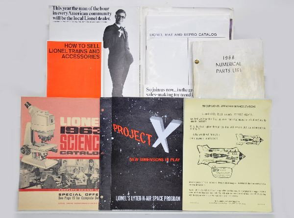 6 Pc. Unusual Late Lionel Paper Lot: 1968 Bound Numerical Parts List; Project X Helios 21 brochure with instruction sheet; Super 1963 Science Catalog; 1966 Sales aid How To Sell Packet which appears complete. Shows minor wear.