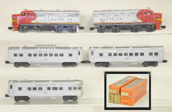 Nice Boxed Lionel 218 Diesel Passenger Set: 218 SF Alco AA Diesels, tougher filled in decals version, one has small chip; 2409 Pullman; 2409 Pullman; 2410 Observation. All lettered Santa Fe, all original boxes except Observation, Show Light Pla