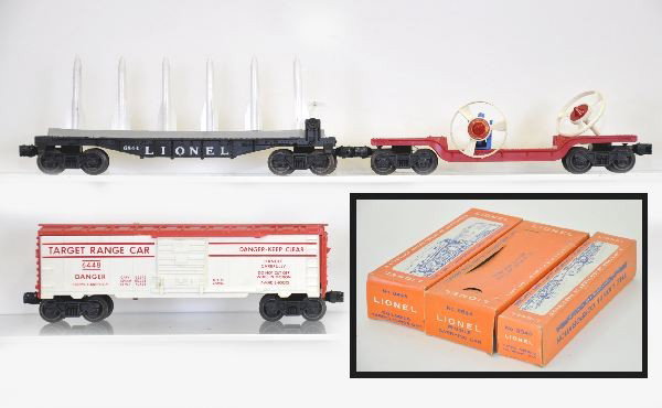 Unrun Boxed Lionel 6448, 3349 & 6844 Cars: 6448 Target car; 3349 Turbo Launching Missile Car, missing blue holder; 6844 Flat with Missiles, all unrun, but have some axel oxidation, original boxes, 6844 window is repaired.
