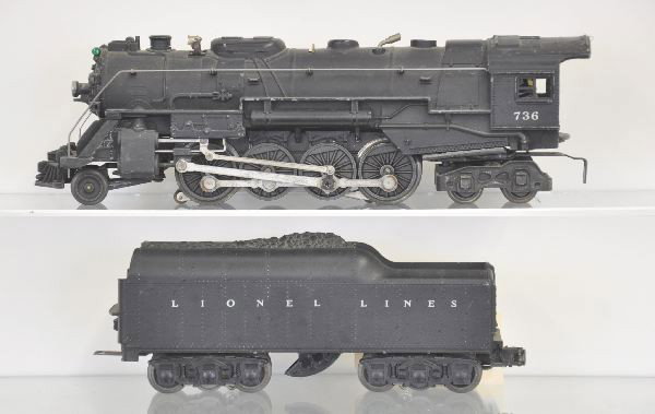 Lionel 736 Berkshire Locomotive: 1953/54 version with White heat stamped lettering. minor ding in cab roof; 2671WX Tender, small chip in rear ladder, otherwise loco and Tender shows Moderate Playwear, should clean up.