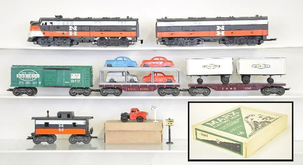 Unrun Boxed Marx NH Diesel Set 41822: 2002 NH F9 AB Diesels, loco test run; SOU Auto Loader; NYC Boxcar, great lettering; 5545 CB&Q Flat with NYC Trailers, 1 1/2 original trailer boxes & tractor; NH Caboose, all otherwise unrun, track cri