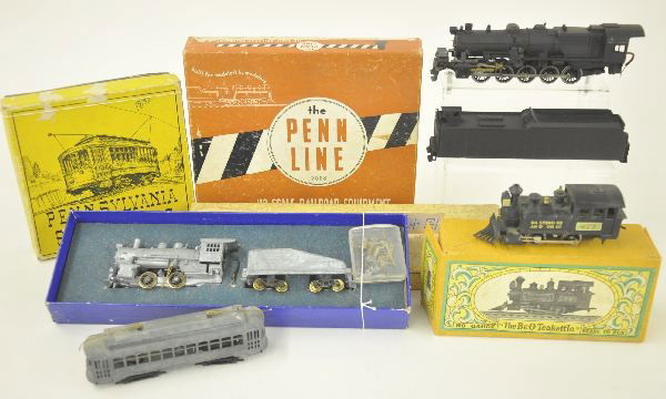 4 Boxed HO Locomotives: Cast Mantua Switcher & tender, unpainted kit, complete; Silvine B&O Teakettle tank loco; Penn. Scale Model Brill trolley Kit, complete, unpainted; PRR I-1 Decapod kit, complete, original boxes, Like N