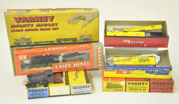7 Pc. Varney HO Ga. Lot: Mighty Midget train set, Tank loco with three freights, track 3 original boxes & set box; NYC Yard diesel, unpainted, no parts; Casey Jones Locomotive Kit with parts; 4 Reefer Kits, original boxes, Ot