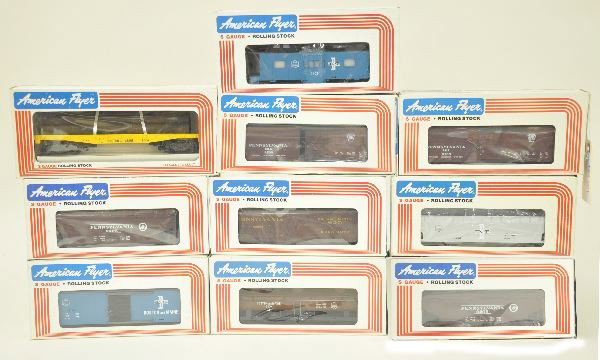 10 Boxed Lionel/American Flyer Cars: 4-9703 Boston and Maine boxcar; 4-9203 Boston and Maine hopper; 4-9402 Boston and Maine caboose; 4-9104 Boston and Maine 3 dome tank car; 4-9002 Boston and Maine log carrier; (2 qty) 4-9705 PA R.R. bo