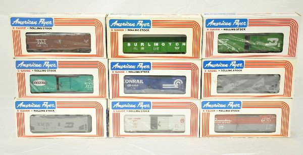 9 Lionel/American Flyer S-gauge Cars: 6-48302 Canadian Pacific boxcar; 4-9708 Conrail boxcar; 6-48605 Burlington Northern covered hopper; 4-9300 Burlington Northern Gondola; 6-48304 Burlington Northern boxcar; 4-9206 NY Central covered ho