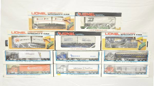 11 Boxed Lionel O-gauge Cars: 6-12807 Little Caesars Truck; 6-12819 Inland Steel truck with stakes; 6-12725 Lionel Truck; 6-12783 Lionel Monon Truck; 6-12778 Lionel Truck; 6-12785 Lionel gravel truck; 6-16308 Burlington Northern f