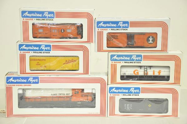 6 Pc. Lionel/American Flyer IC S-gauge Train Set: 6-48001 Illinois Central GP-20 Diesel engine; 4-9712 Illinois Central Gulf boxcar; 4-9100 Gulf tank car; 6-48801 Union Pacific reefer; 6-48602 Erie covered hopper; 6-48701 Illinois Central caboose. Ot