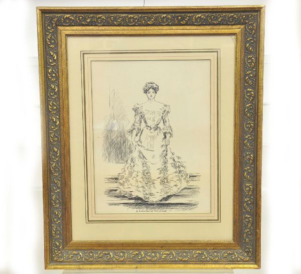 Early 1900's Fashion Drawing Signed Walsh: 21 x 24" framed pen and ink titled "a Disturber of the Peace" not dated. Clean and bright. Period frame shows minor wear.