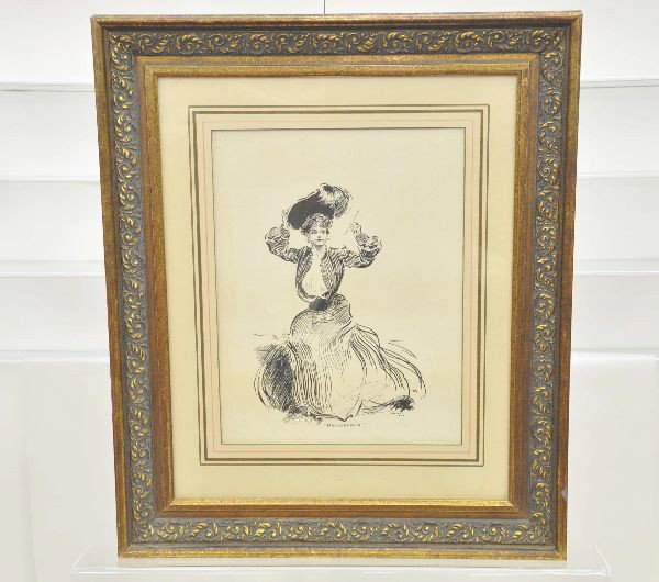 1904 Fashion Drawing Signed Walsh: 21 x 25" framed, pen and ink, titled "dangerous" frame appears original to piece and shows minor wear. Beautifully rendered.