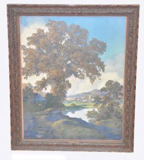 Maxfield Parrish Landscape: Dated 1933 Brown & Bigelow, 17 X 20 Framed, frame shows age wear, print is bright & clean.