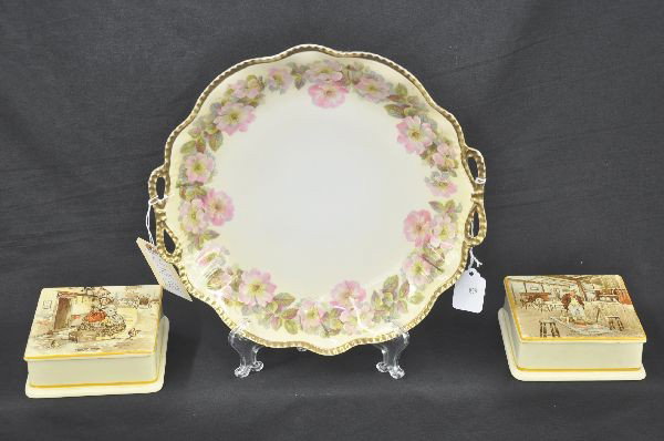 3 pc Porcelain Lot: 11" Prussian dish, hand painted with gilding, minor wear to edge, two Staffordshire trinket boxes, New Hall, one is Bill Sykes from Oliver Twist, other is Sairey Gamp, Martin Chuzzlewit. Both show sig