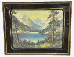 W.M. Thompson Framed Print: 23 x 19" Framed, Circa 1930's similar style as Maxfield Parrish, period frame and mat. Unusual reverse painted on glass matte, has some flaking. Clean and bright.