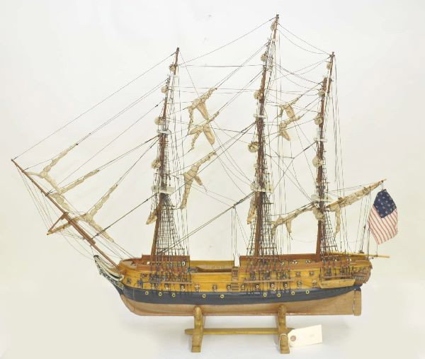 Handcrafted Ship Model of USS Constitution: 36 x 32" Super detailed model of "old ironsides" etched hull with copper simulating iron plating, fully rigged, all sails stowed.