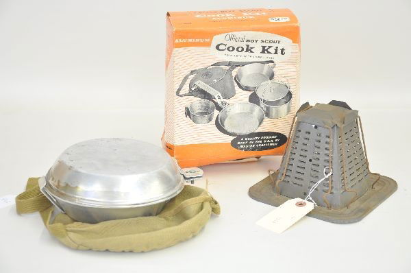 Boy and Girl Scout Lot: Girl Scout knife, fork and spoons set with vinyl case, Boy Scout cooking kit with canvass carrying case in original box and a campfire toaster, unmarked.