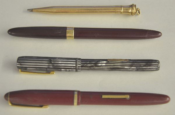 Three Vintage Fountain Pens, One Mechanical Pencil: Sheaffer, Majestic & Supreme Fountain Pens,all 14K nibs, longest is 5 1/2" L, Wahl-Eversharp Mechanical Pencil, all show light signs of use.