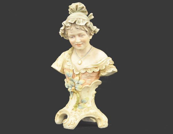 Royal Dux Bohemian Bust: Hand painted bisque 11" tall, beautifully detailed, with life like features, 1/4" chip on shirt sleeve one side, but not offensive. Beautifully rendered piece.