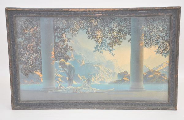 Maxfield Parrish Print, Daybreak: Circa 1910, 20" x 12" framed, original frame shows wear, print is bright.