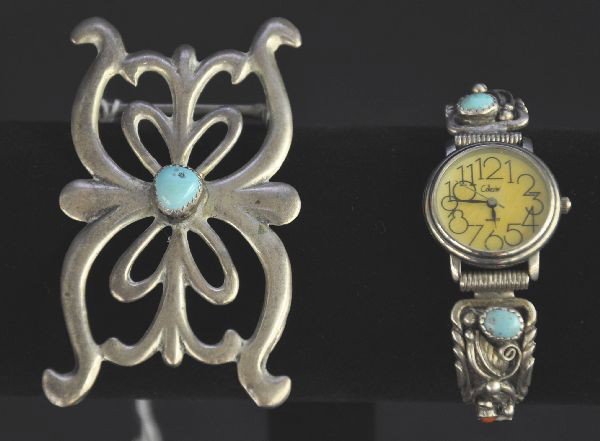 Sterling & Turquoise Watch and Belt Buckle: Collezio quartz watch, deco face has age cracks, sterling band with turquoise and carnelian stones; 3" sterling belt buckle with turquoise center stone